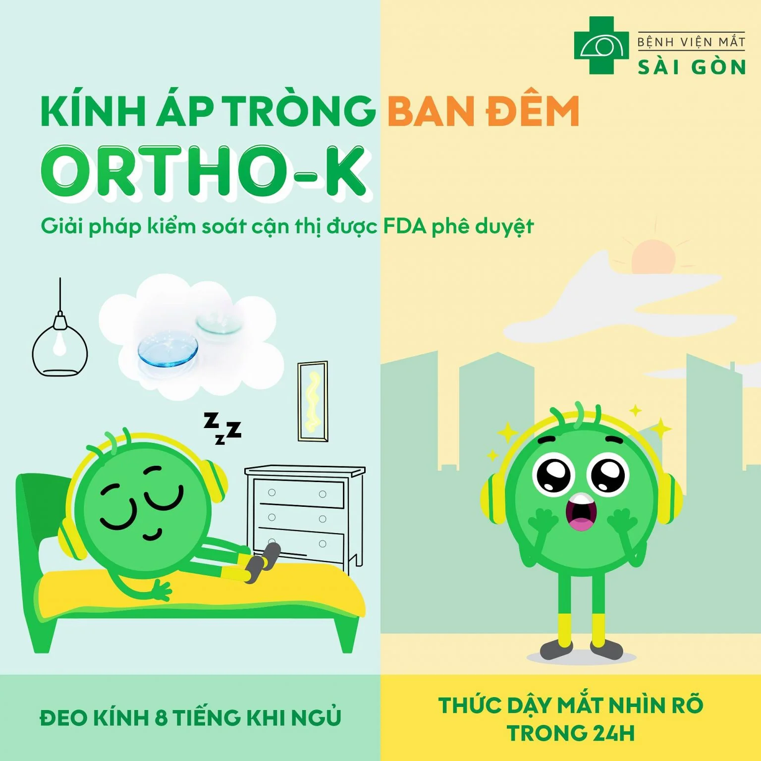 Vì sao bố mẹ cần kiểm soát cận thị sớm cho con?Kiểm soát cận thị là quá trình sử dụng một số phương pháp để hạn chế sự gia tăng và phát triển độ cận thị ở trẻ em vượt qua một mức nhất định, thường là -5.00D (theo tổ chức Y tế thế giới WHO) với mục đích để hạn chế tỷ lệ các biến chứng gây nguy hiểm xảy ra với độ cận thị > -5.00 độ như bong võng mạc, thoái hoá hoàng điểm do cận thị… Kính áp tròng Ortho-K là gì? Ortho-K là phương pháp điều trị tật khúc xạ bằng kính tiếp xúc cứng vào ban đêm trong lúc ngủ (trung bình từ 6 giờ đến 8 giờ mỗi đêm) giúp điều chỉnh hình dạng giác mạc. Từ đó thay đổi cách ánh sáng hội tụ khi đi vào mắt, làm giảm và khử độ cận thị. Những kính này là những kính cứng, thấm khí, đủ chắc chắn để định hình lại giác mạc. Ortho-K rất an toàn bởi vì đây là phương pháp điều trị tật khúc xạ không cần phẫu thuật, đã được FDA (cơ quan quản lý an toàn thuốc và thực phẩm Mỹ) chứng nhận cho phép sử dụng ở mọi lứa tuổi. Chất liệu của Ortho-K là hydrogel, có tính thấm khí cao, đảm bảo cung cấp đủ oxy, yếu tố quyết định sự khỏe mạnh của giác mạc. Vì sao trẻ em là đối tượng thích hợp nhất với Ortho-K? – Ortho-K loại bỏ bất tiện của kính gọng và khó chịu từ kính áp tròng. Trẻ em là đối tượng rất năng động, các em cần vui chơi, hoạt động ngoài trời nhiều để phát triển. Do đó, Ortho-K chính là giải pháp hiệu quả cho cuộc sống năng động của trẻ.